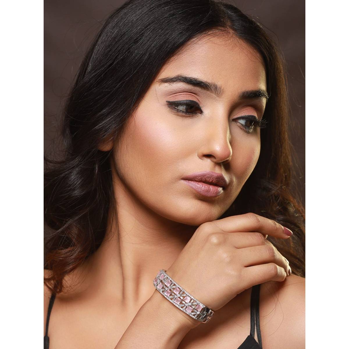 Aatmana Silver Plated Pink American Diamond Studded Handcrafted Bangle Style Bracelet