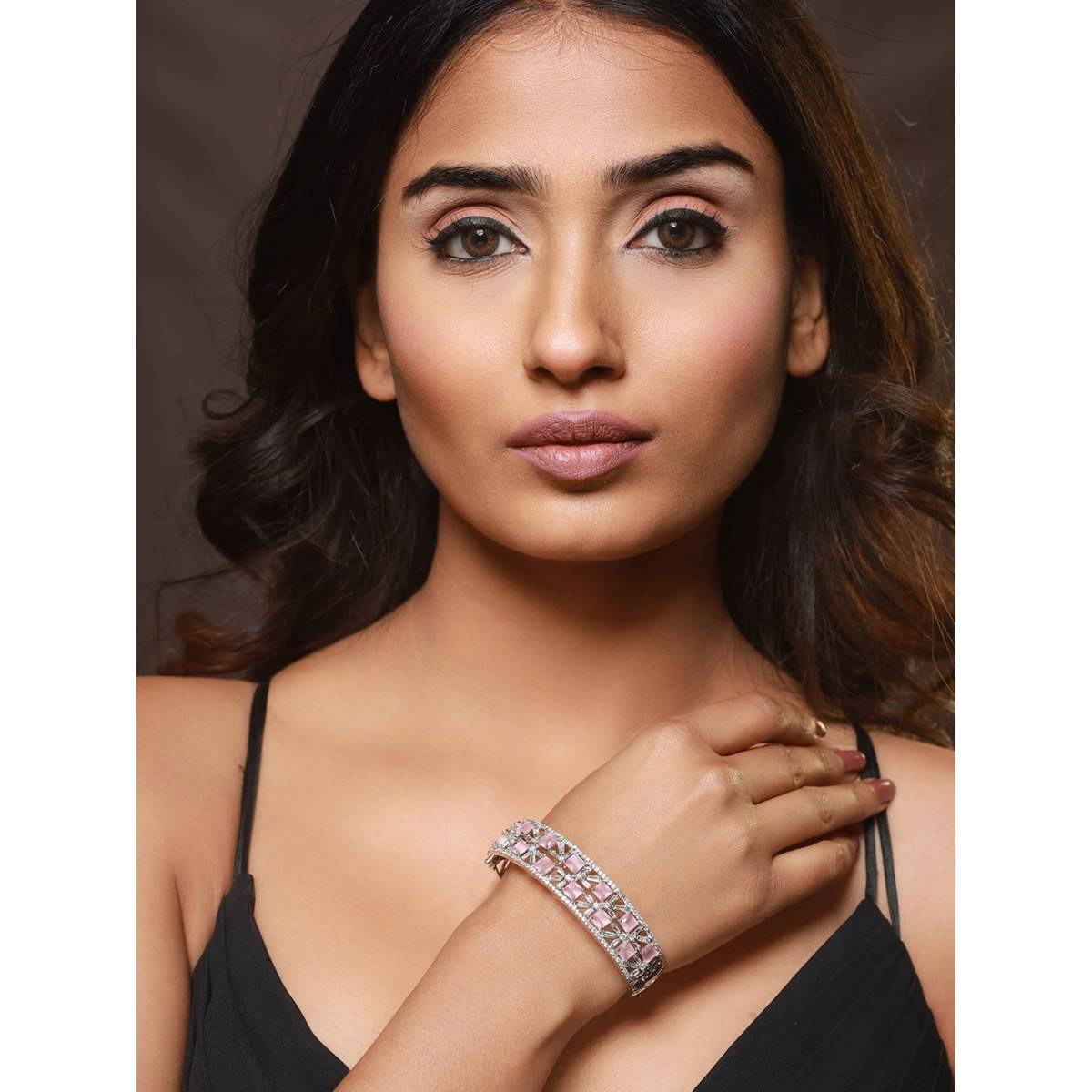 Aatmana Silver Plated Pink American Diamond Studded Handcrafted Bangle Style Bracelet