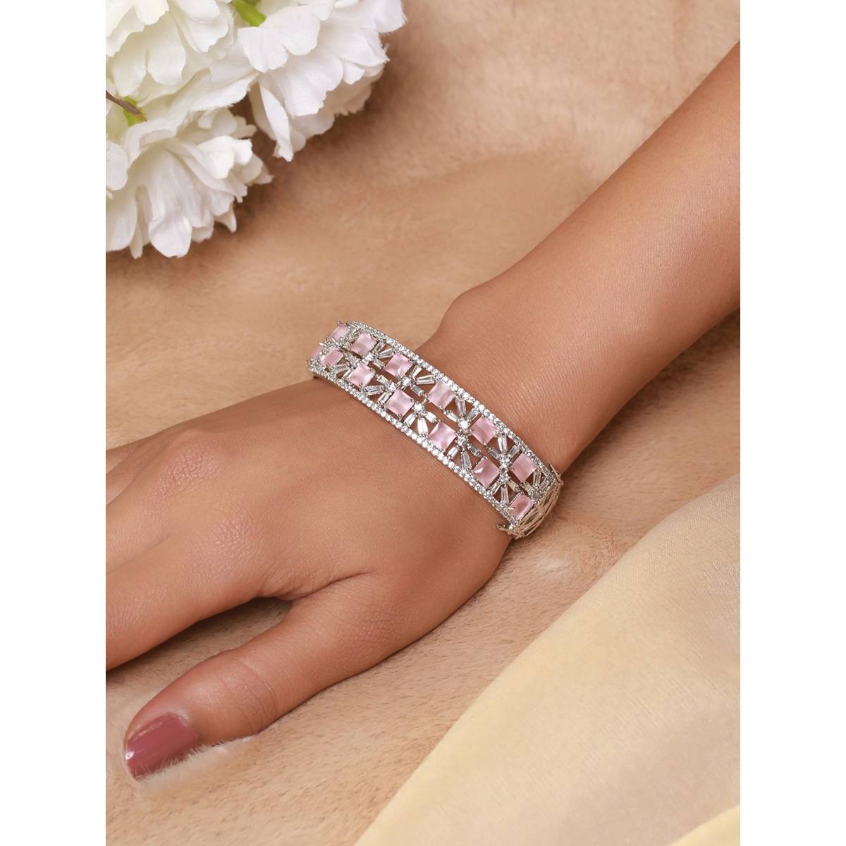 Aatmana Silver Plated Pink American Diamond Studded Handcrafted Bangle Style Bracelet