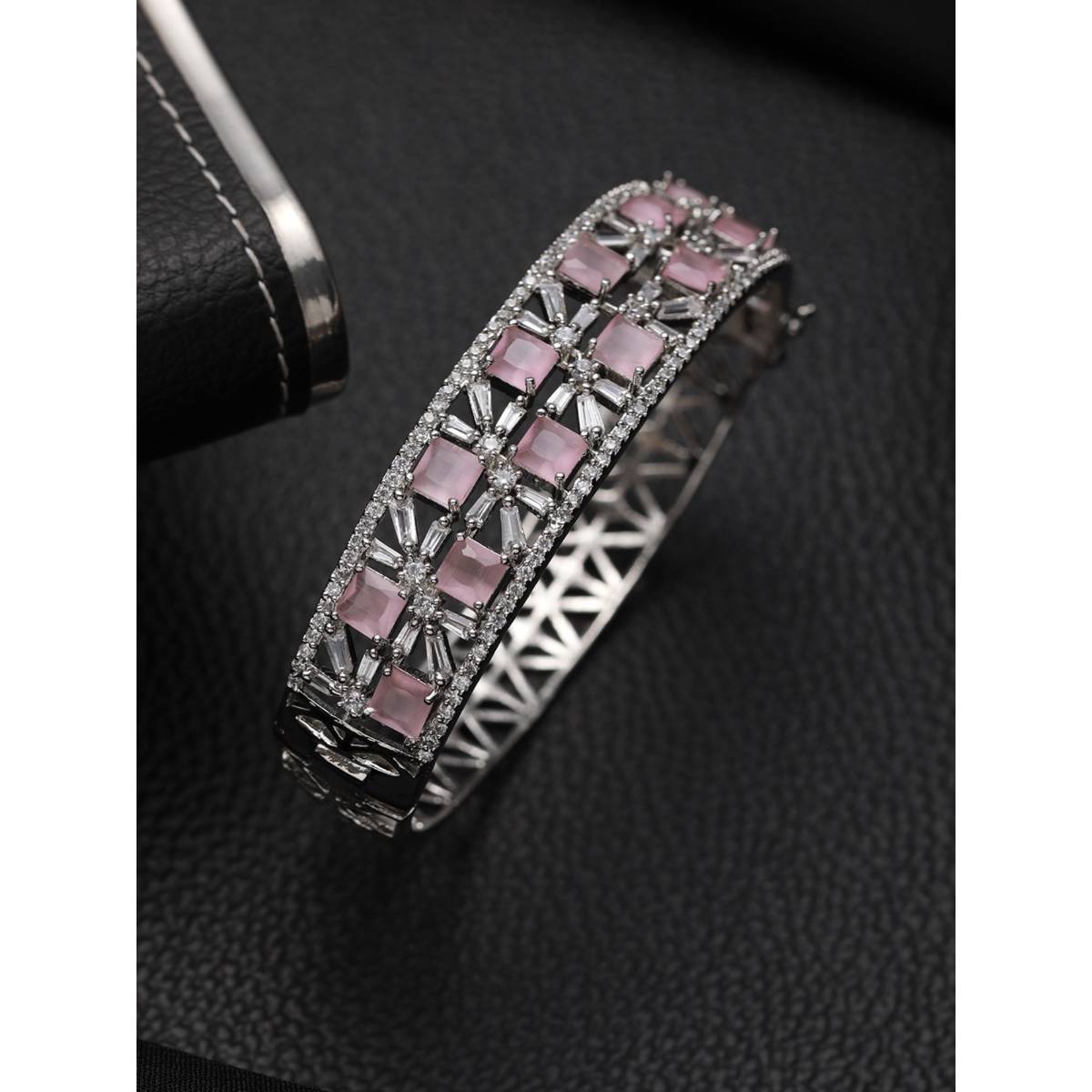 Aatmana Silver Plated Pink American Diamond Studded Handcrafted Bangle Style Bracelet