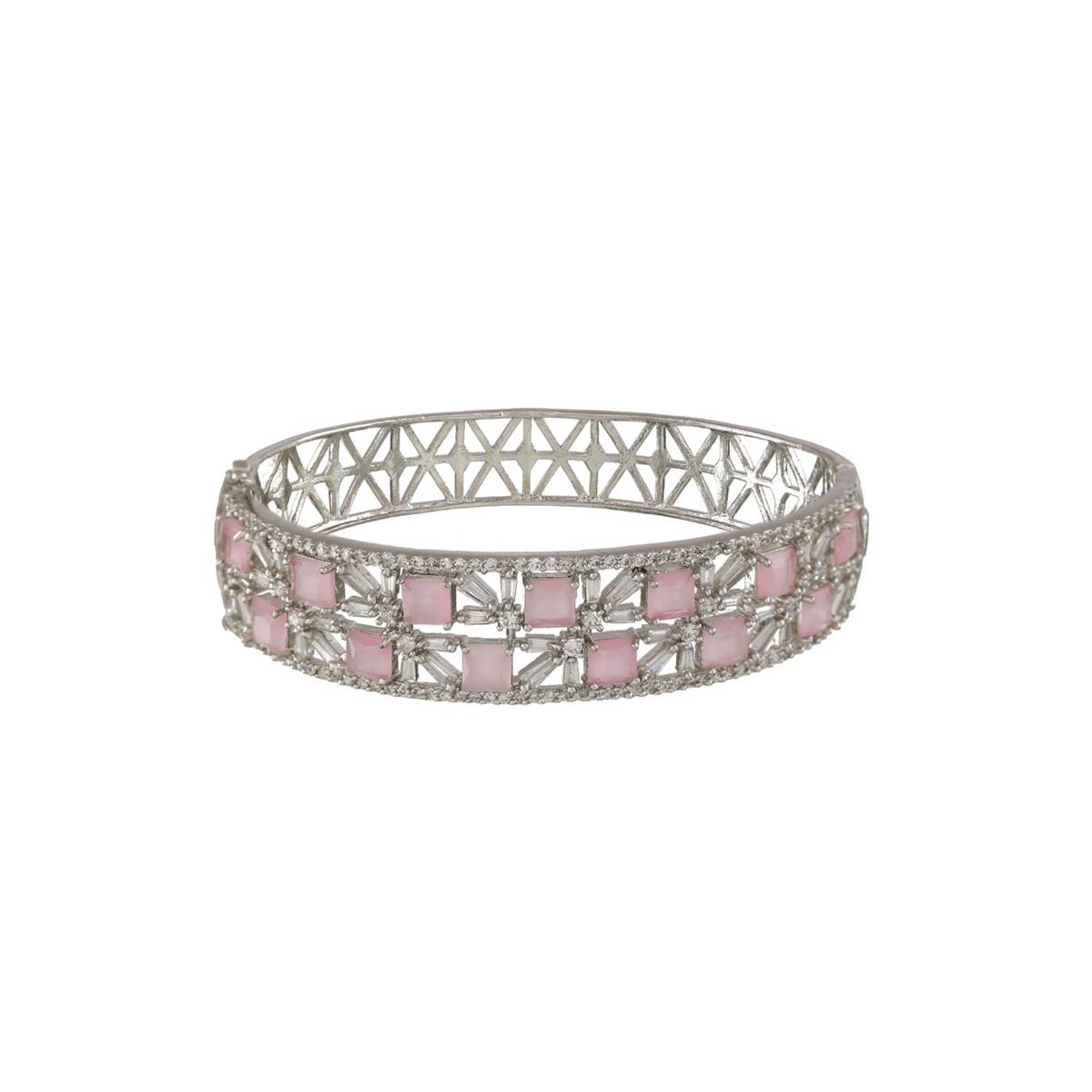 Aatmana Silver Plated Pink American Diamond Studded Handcrafted Bangle Style Bracelet
