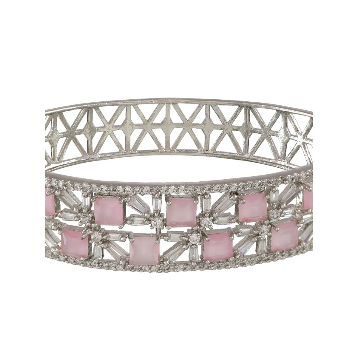 Aatmana Silver Plated Pink American Diamond Studded Handcrafted Bangle Style Bracelet