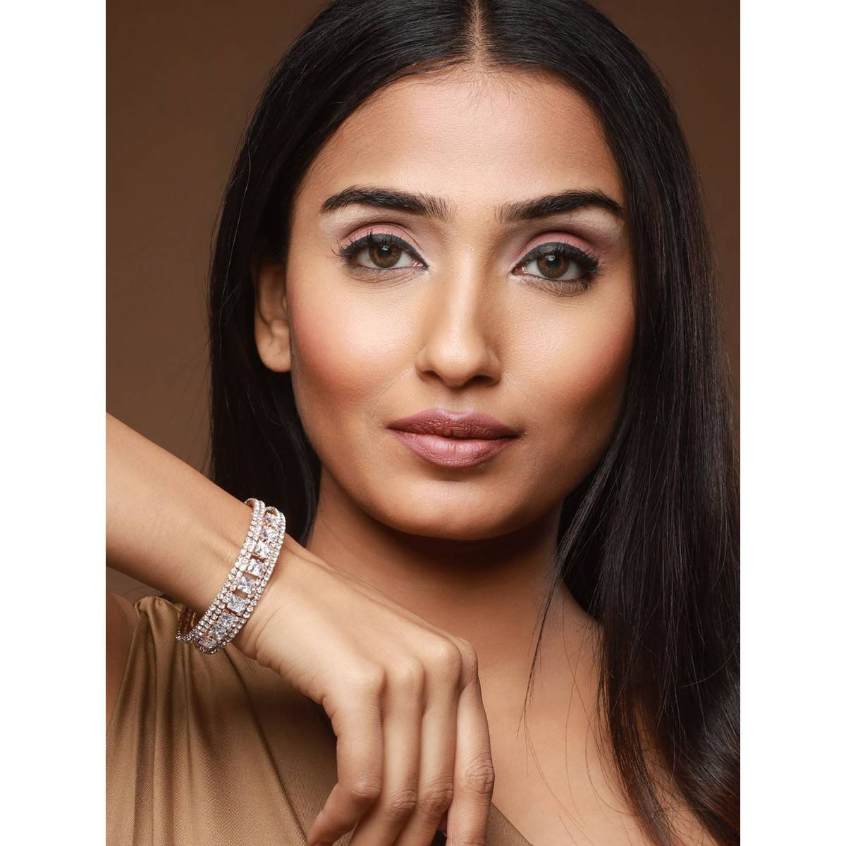 Aatmana Rose Gold Plated White Crystal Studded Cuff Bracelet (2.6)