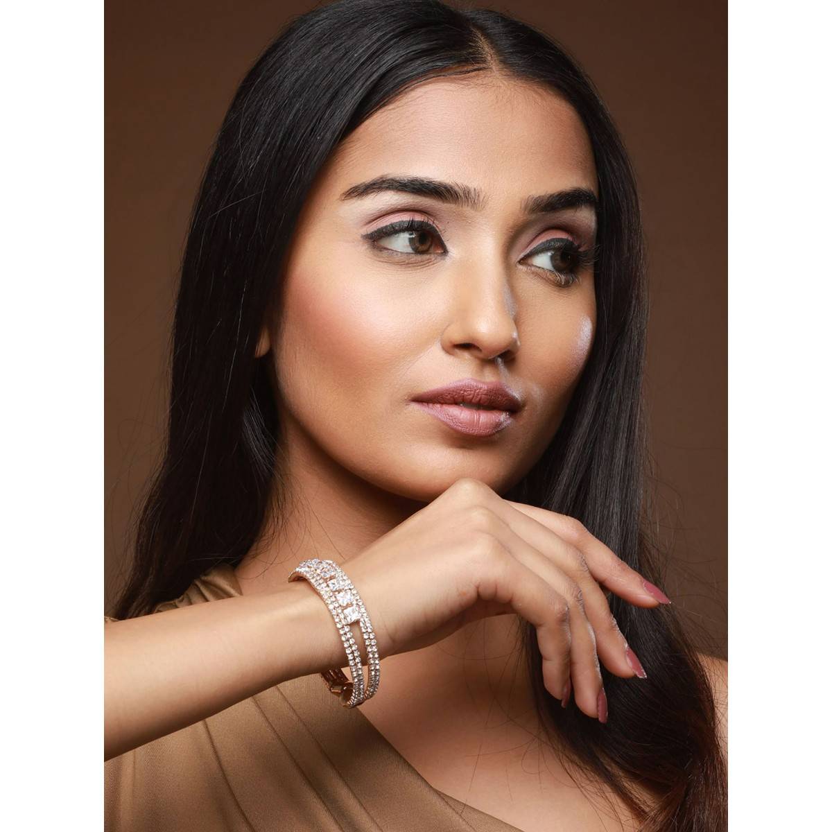 Aatmana Rose Gold Plated White Crystal Studded Cuff Bracelet (2.6)