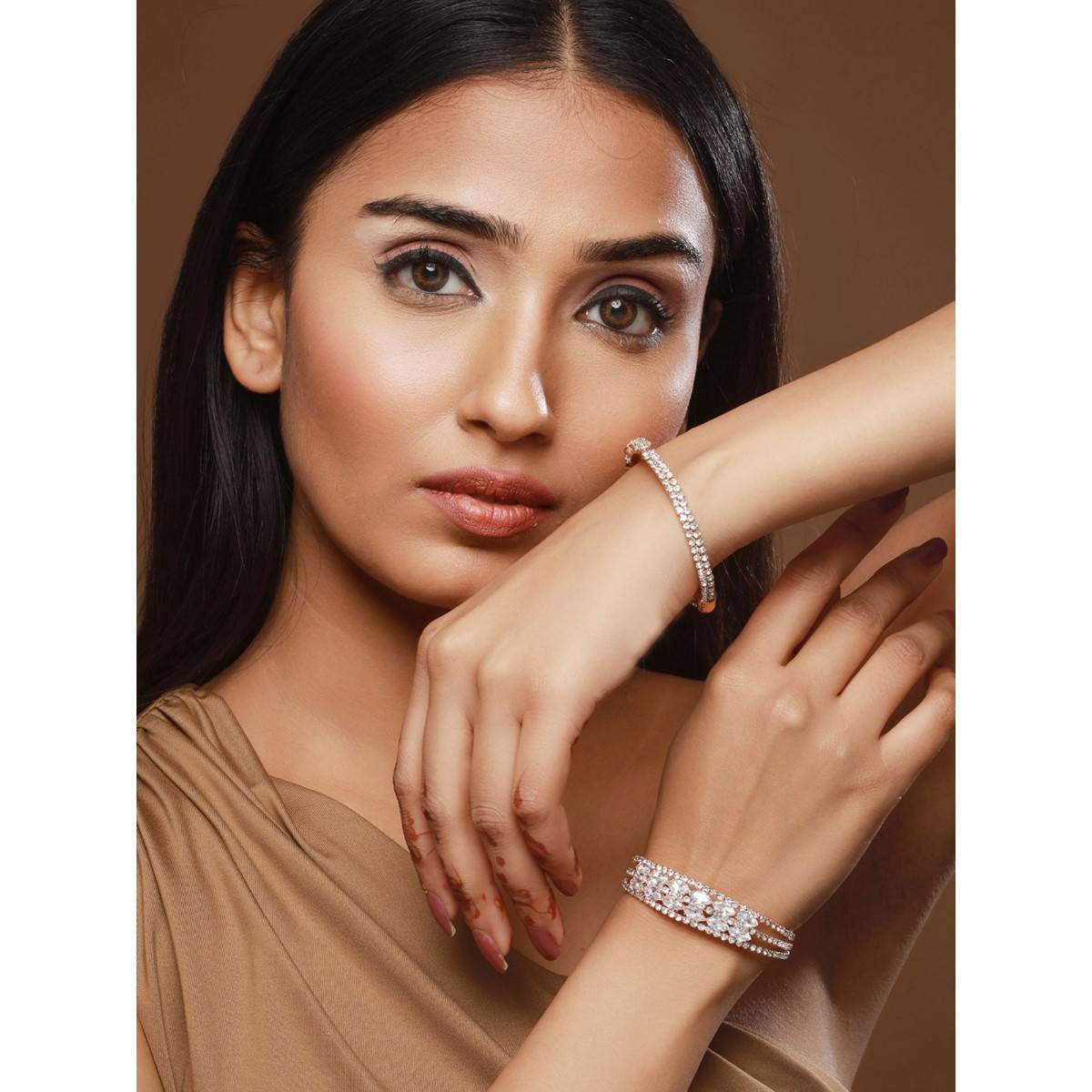 Aatmana Rose Gold Plated White Crystal Studded Cuff Bracelet (Set of 2) (2.6)