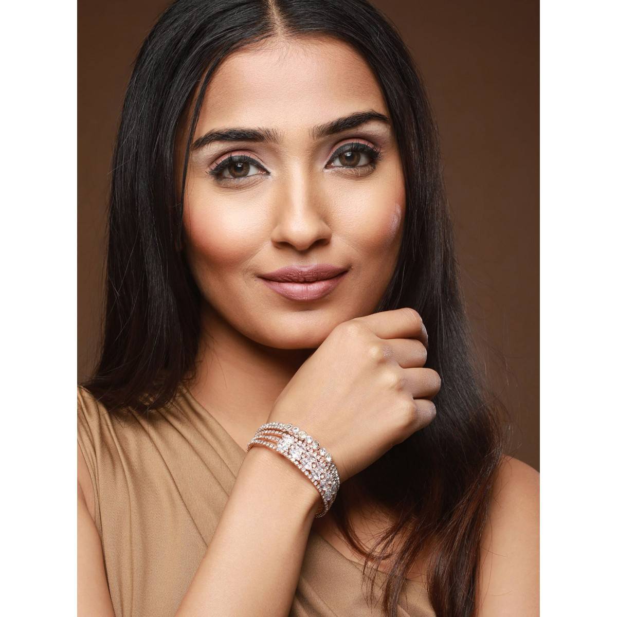 Aatmana Rose Gold Plated White Crystal Studded Cuff Bracelet (Set of 2) (2.6)