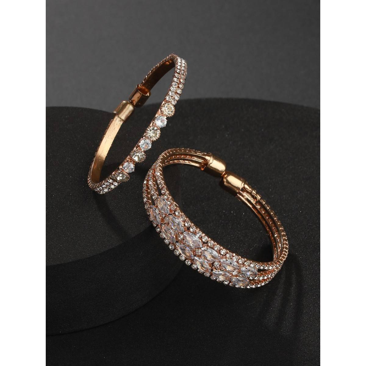 Aatmana Rose Gold Plated White Crystal Studded Cuff Bracelet (Set of 2) (2.6)