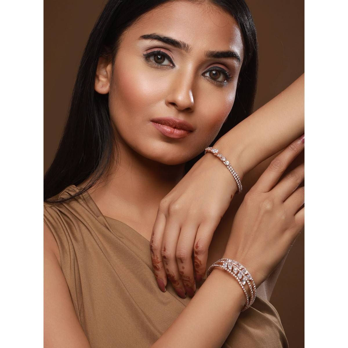 Aatmana Rose Gold Plated White Crystal Studded Cuff Bracelet (Set of 2) (2.6)