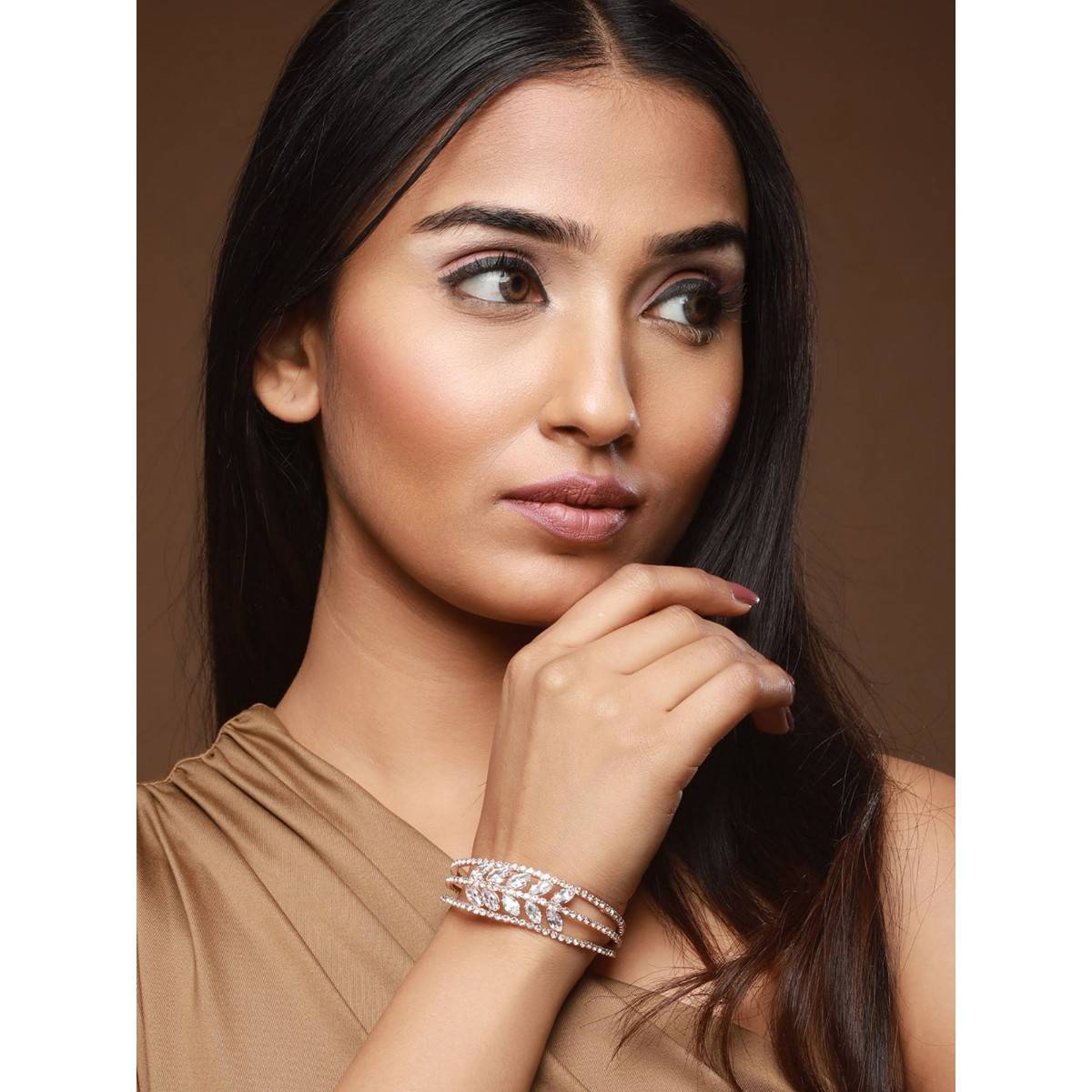 Aatmana Rose Gold Plated White Crystal Studded Cuff Bracelet (Set of 2) (2.6)