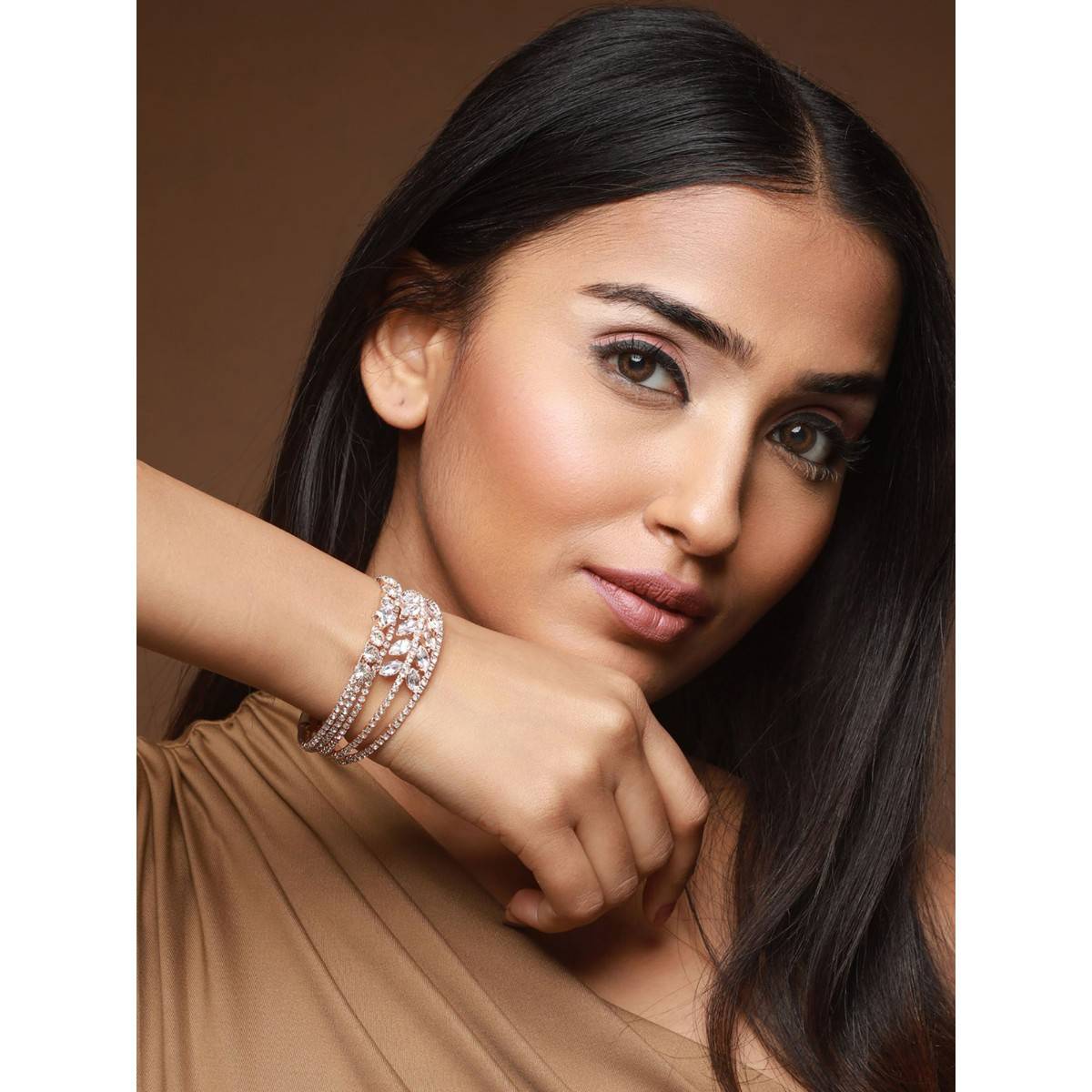 Aatmana Rose Gold Plated White Crystal Studded Cuff Bracelet (Set of 2) (2.6)