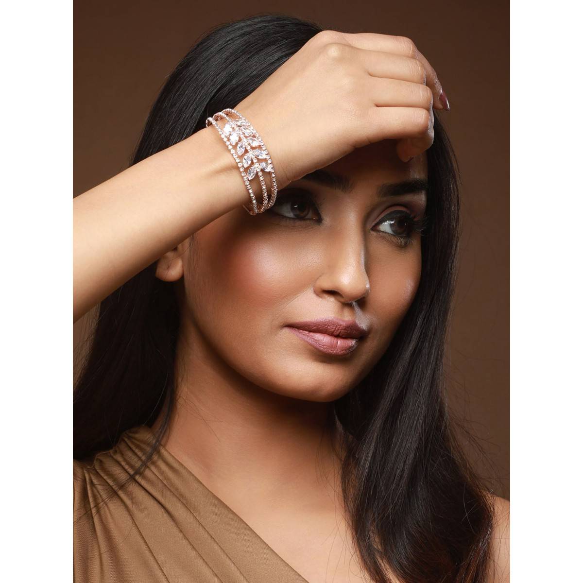Aatmana Rose Gold Plated White Crystal Studded Cuff Bracelet (Set of 2) (2.6)