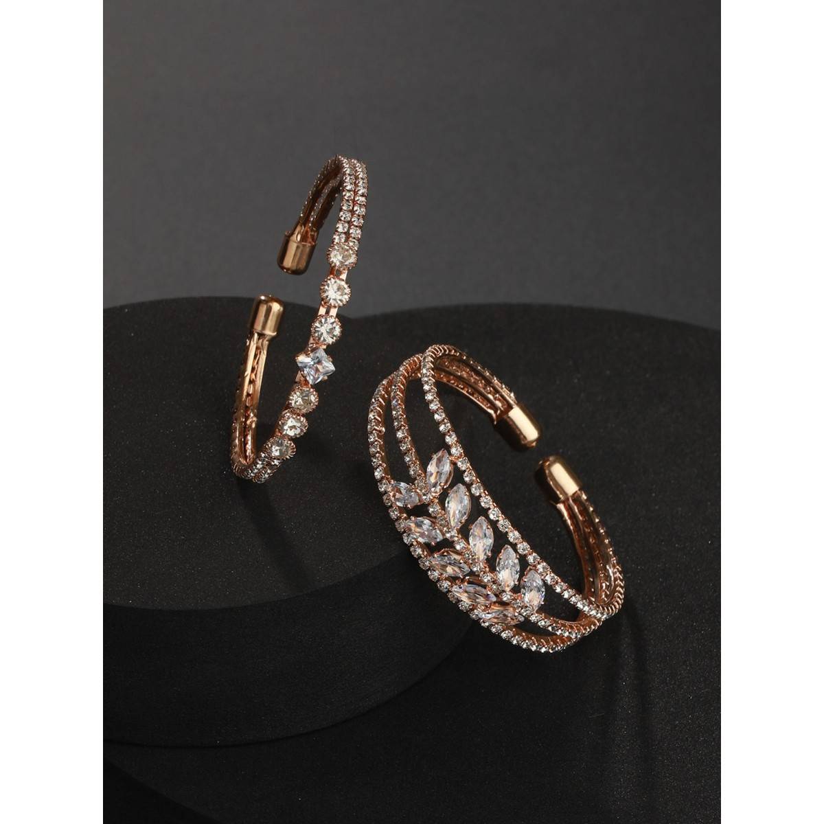 Aatmana Rose Gold Plated White Crystal Studded Cuff Bracelet (Set of 2) (2.6)