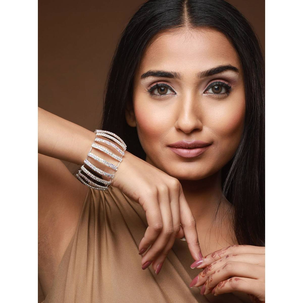 Aatmana Silver Plated Crystal Studded Cuff Bracelet (2.6)