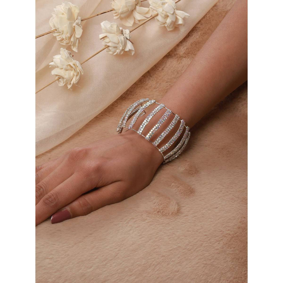 Aatmana Silver Plated Crystal Studded Cuff Bracelet (2.6)