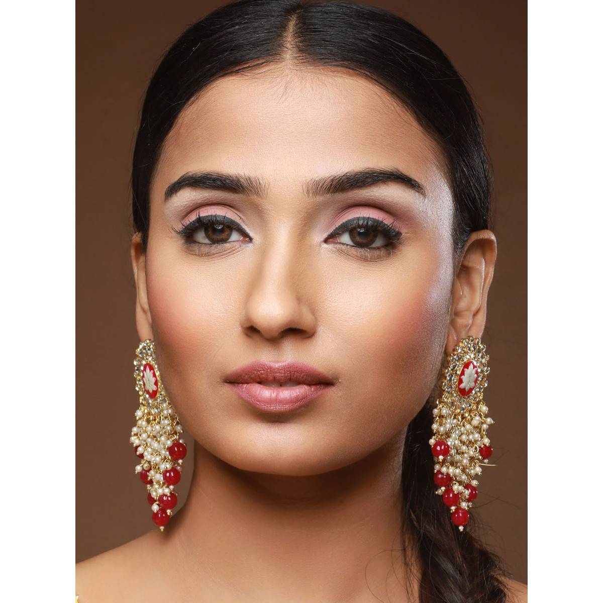 Aatmana Maroon Gold Plated CZ Studded & Beaded Meenakari Drop Earrings · One Size