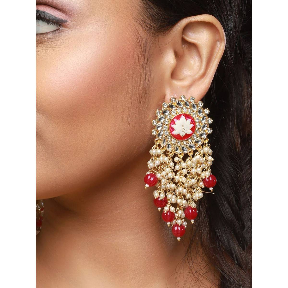 Aatmana Maroon Gold Plated CZ Studded & Beaded Meenakari Drop Earrings · One Size