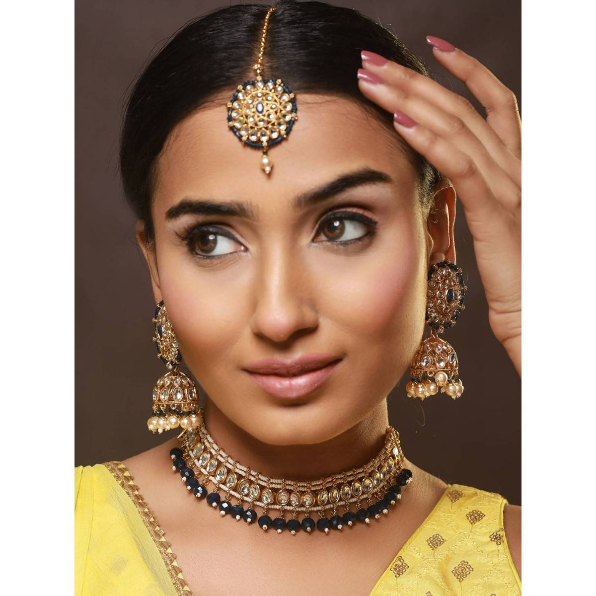 Aatmana Gold Plated Blue & White Kundan Studded Beaded Choker Jewellery Set with Maang Tikka