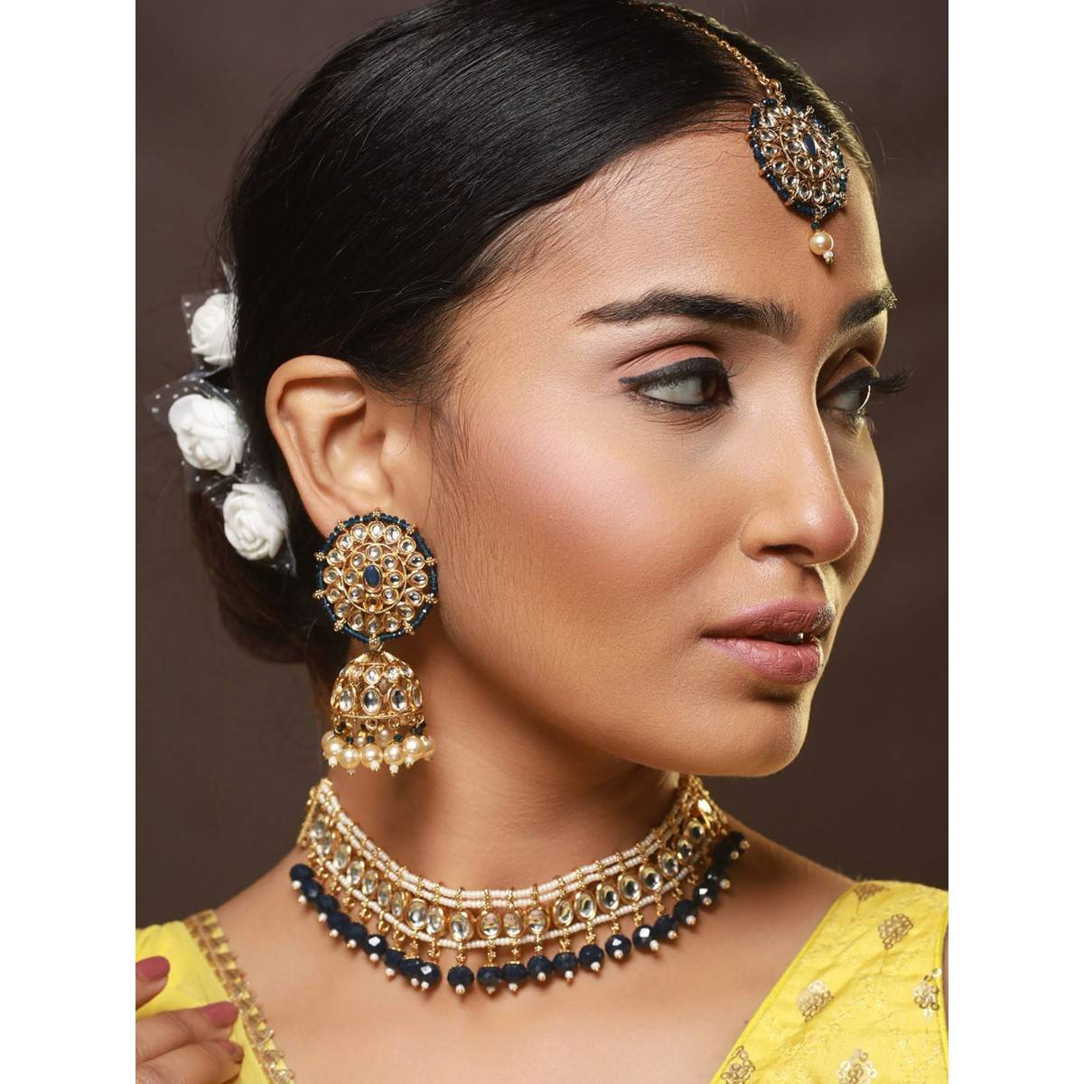 Aatmana Gold Plated Blue & White Kundan Studded Beaded Choker Jewellery Set with Maang Tikka