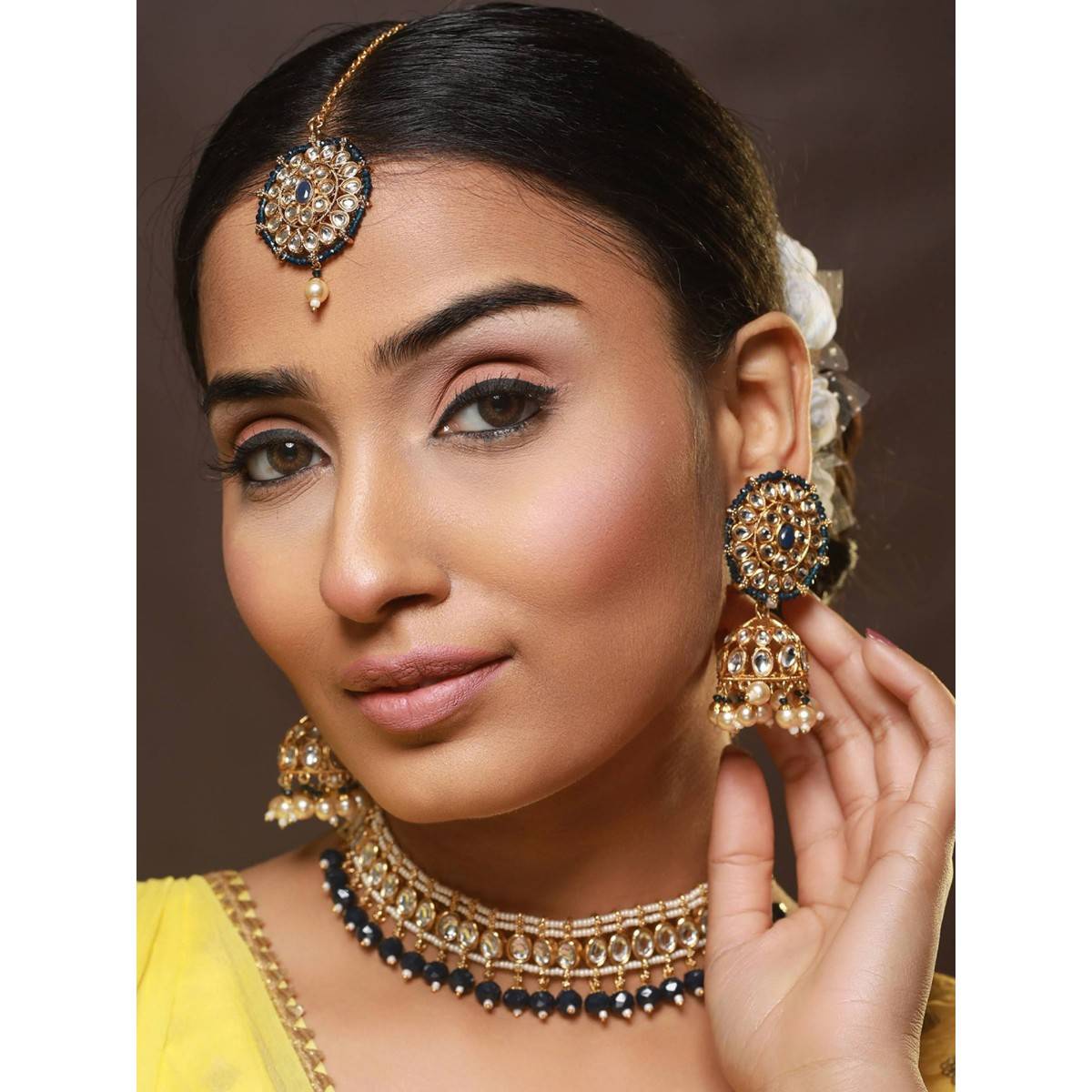Aatmana Gold Plated Blue & White Kundan Studded Beaded Choker Jewellery Set with Maang Tikka