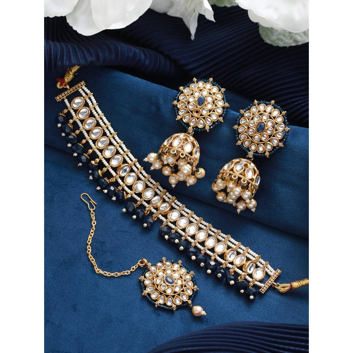 Aatmana Gold Plated Blue & White Kundan Studded Beaded Choker Jewellery Set with Maang Tikka