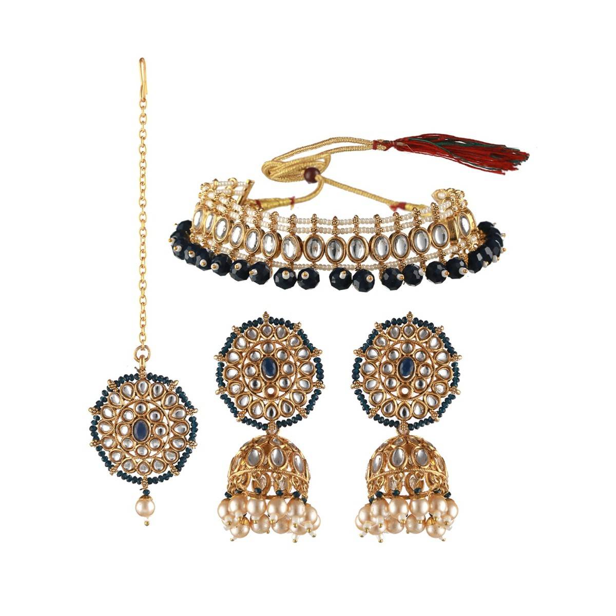 Aatmana Gold Plated Blue & White Kundan Studded Beaded Choker Jewellery Set with Maang Tikka