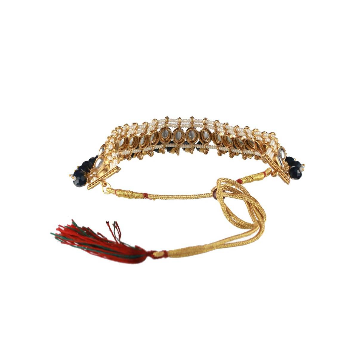 Aatmana Gold Plated Blue & White Kundan Studded Beaded Choker Jewellery Set with Maang Tikka
