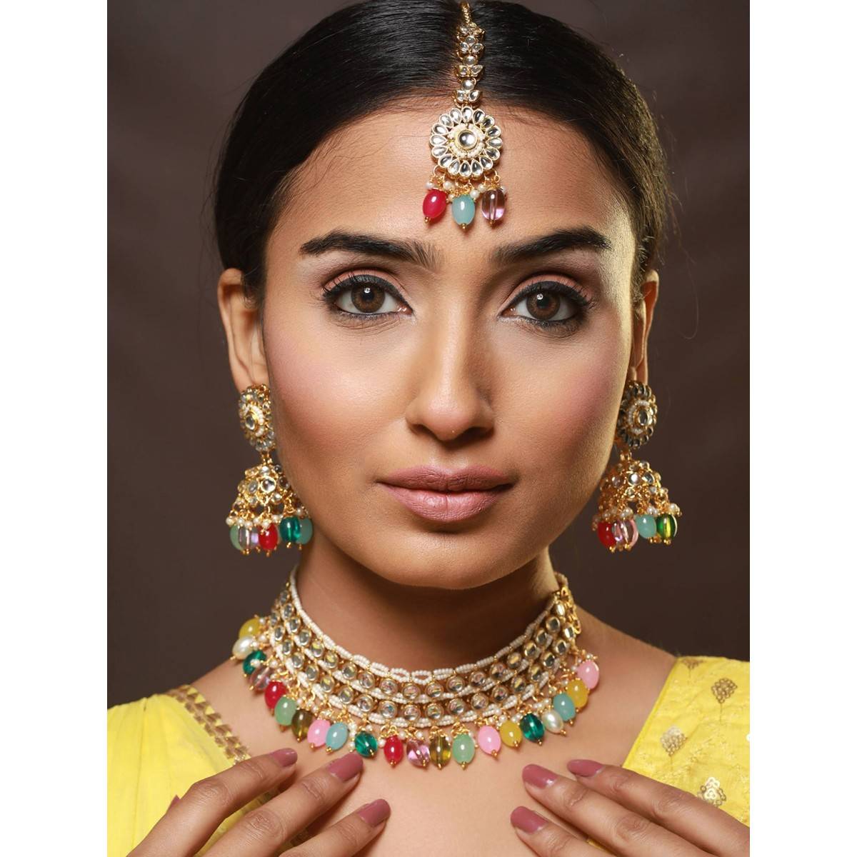 Aatmana Gold Plated Multicolored Kundan Studded & Pearl Beaded Choker Set Maang Tikka