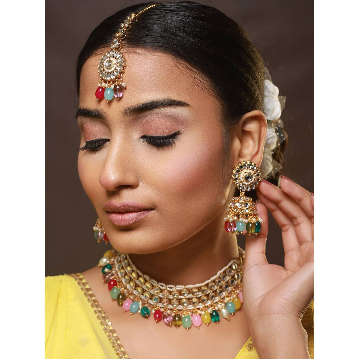 Aatmana Gold Plated Multicolored Kundan Studded & Pearl Beaded Choker Set Maang Tikka