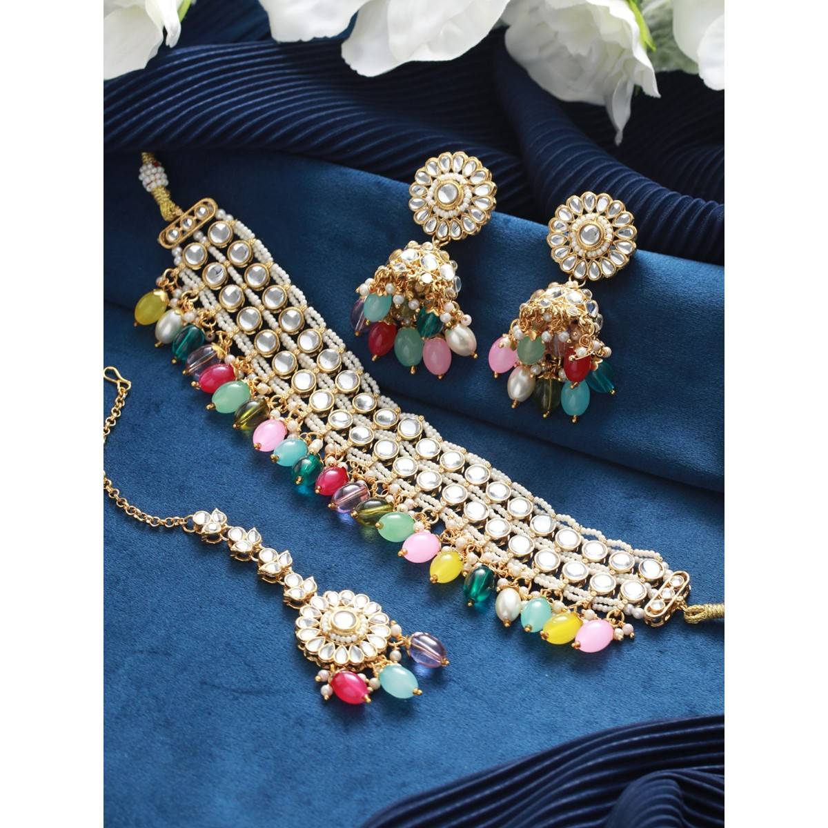 Aatmana Gold Plated Multicolored Kundan Studded & Pearl Beaded Choker Set Maang Tikka