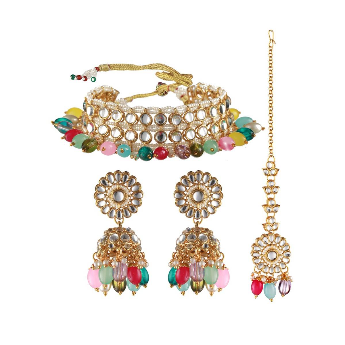 Aatmana Gold Plated Multicolored Kundan Studded & Pearl Beaded Choker Set Maang Tikka