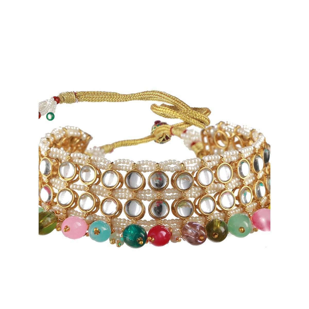 Aatmana Gold Plated Multicolored Kundan Studded & Pearl Beaded Choker Set Maang Tikka