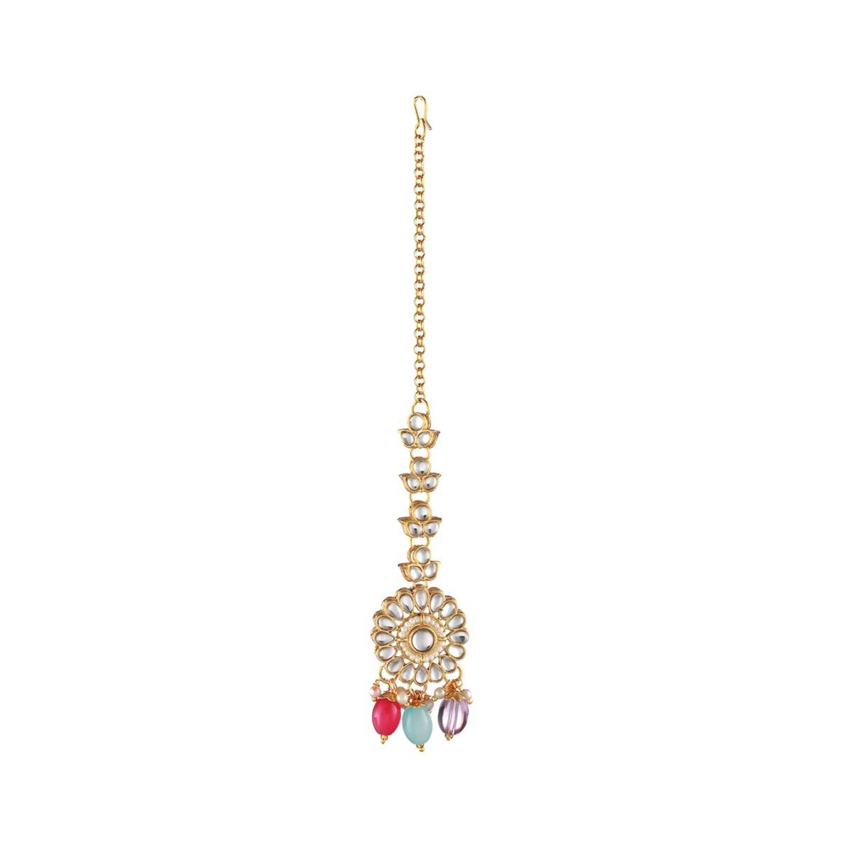 Aatmana Gold Plated Multicolored Kundan Studded & Pearl Beaded Choker Set Maang Tikka