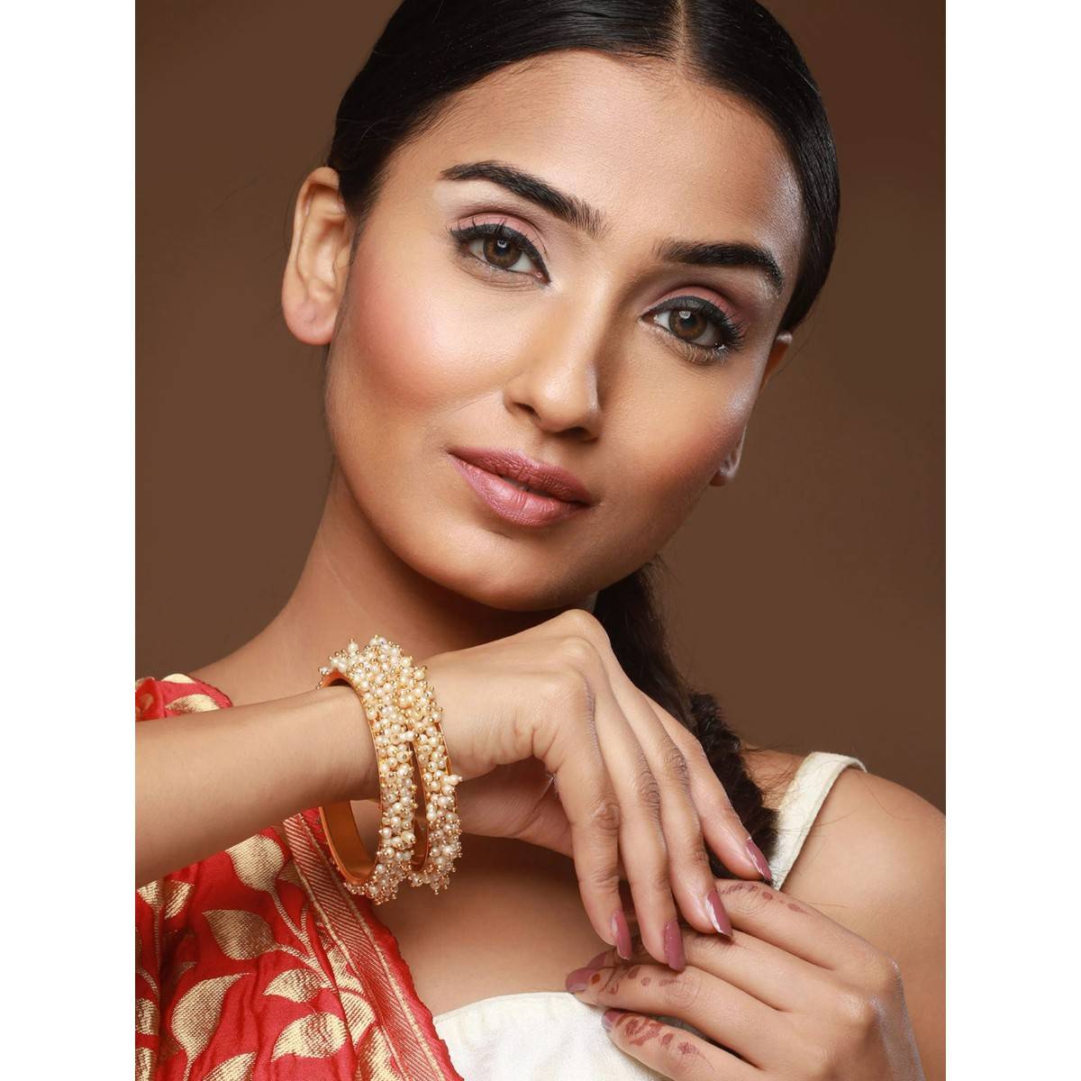 Aatmana White Pearl Beaded & Gold Plated Bangles (Set of 2) (2.8)