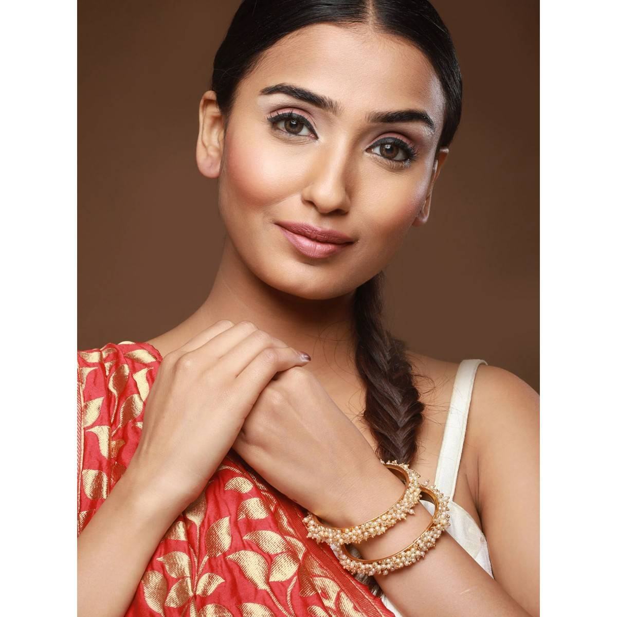 Aatmana White Pearl Beaded & Gold Plated Bangles (Set of 2) (2.8)
