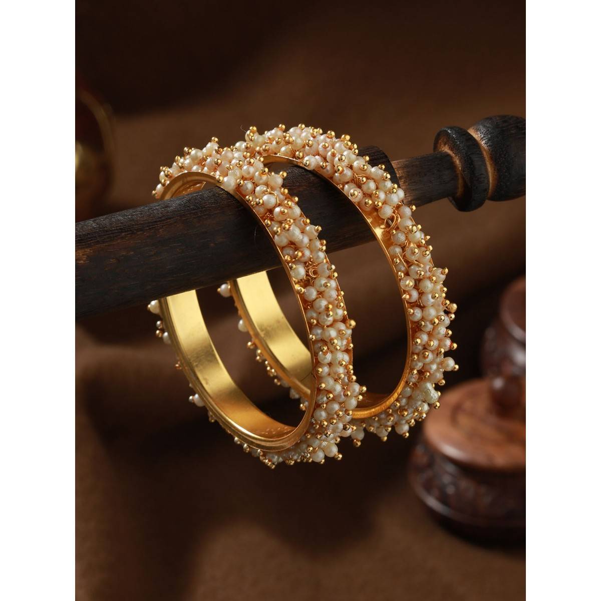 Aatmana White Pearl Beaded & Gold Plated Bangles (Set of 2) (2.8)