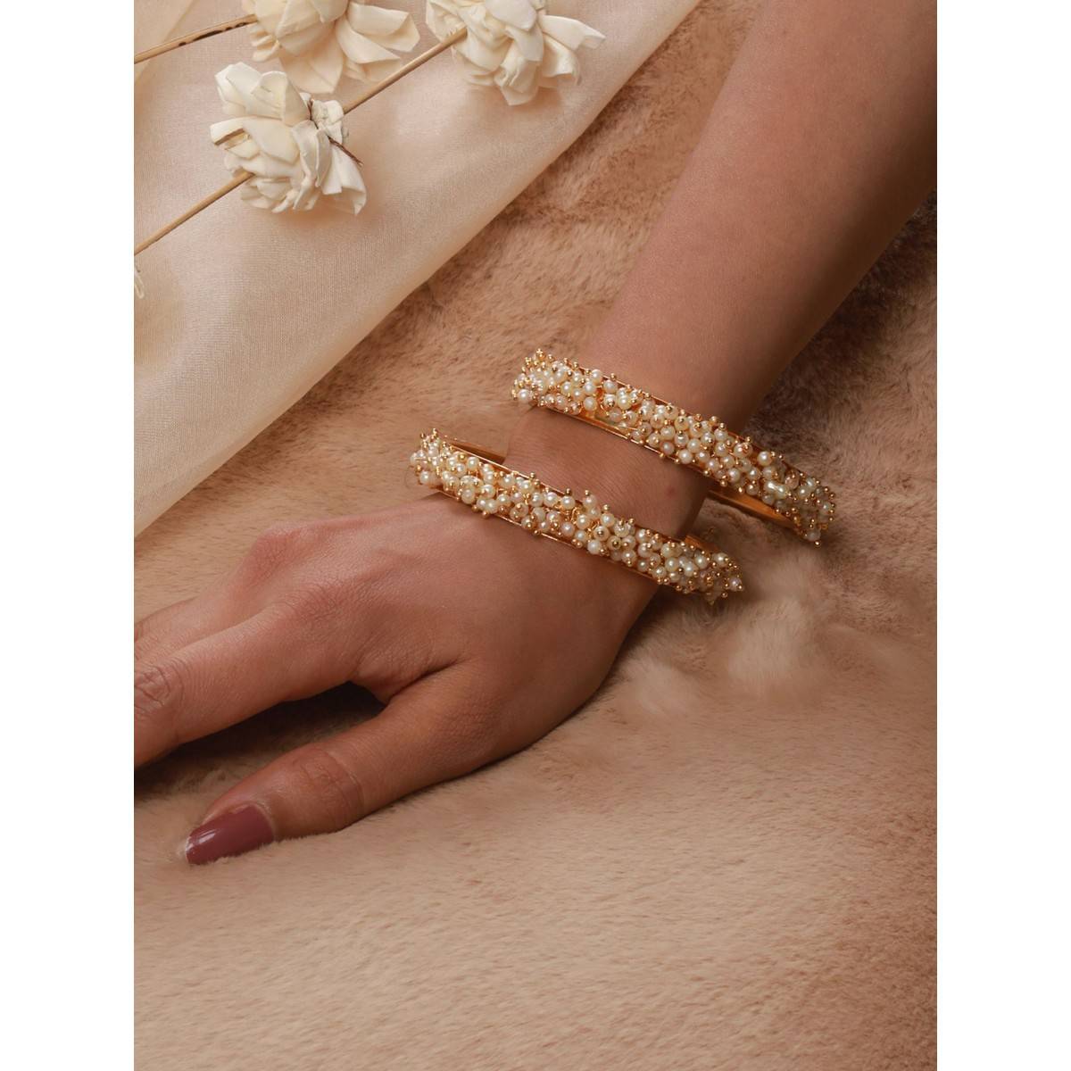 Aatmana White Pearl Beaded & Gold Plated Bangles (Set of 2) (2.8)