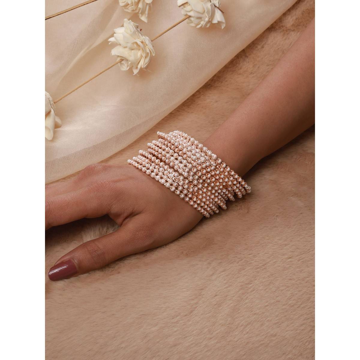 Aatmana Rose Gold Plated & White Pearls Beaded Bangles (Set of 12)