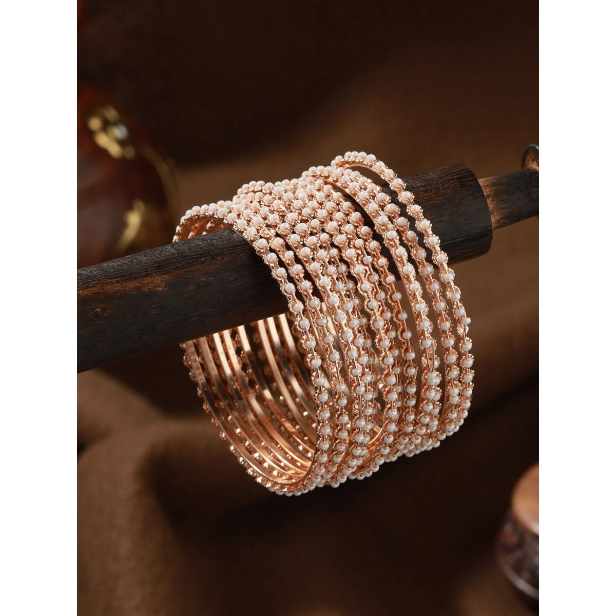Aatmana Rose Gold Plated & White Pearls Beaded Bangles (Set of 12)