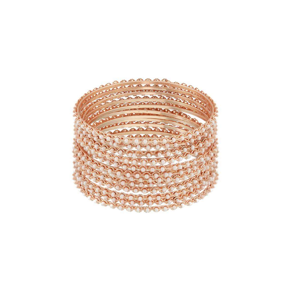Aatmana Rose Gold Plated & White Pearls Beaded Bangles (Set of 12)