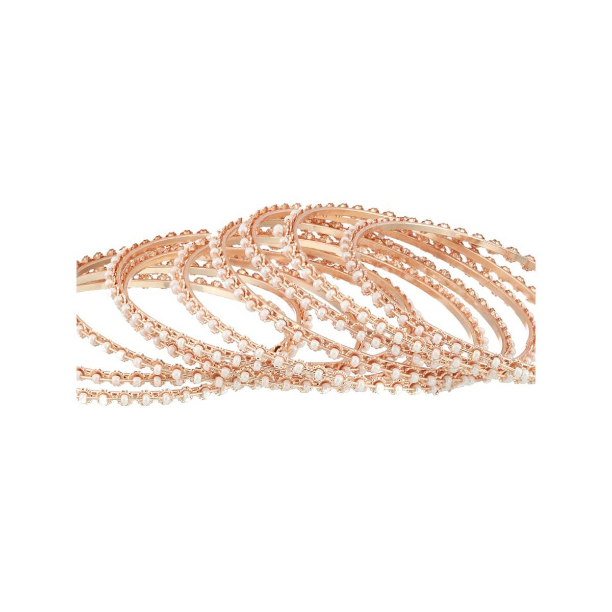 Aatmana Rose Gold Plated & White Pearls Beaded Bangles (Set of 12)