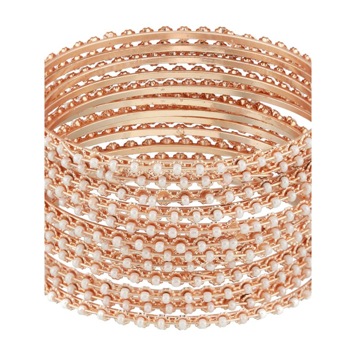Aatmana Rose Gold Plated & White Pearls Beaded Bangles (Set of 12)