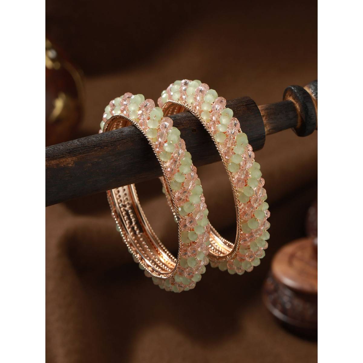 Aatmana Rose Gold Plated Pink & Rose Crystal Beaded Bangles (Set of 2)