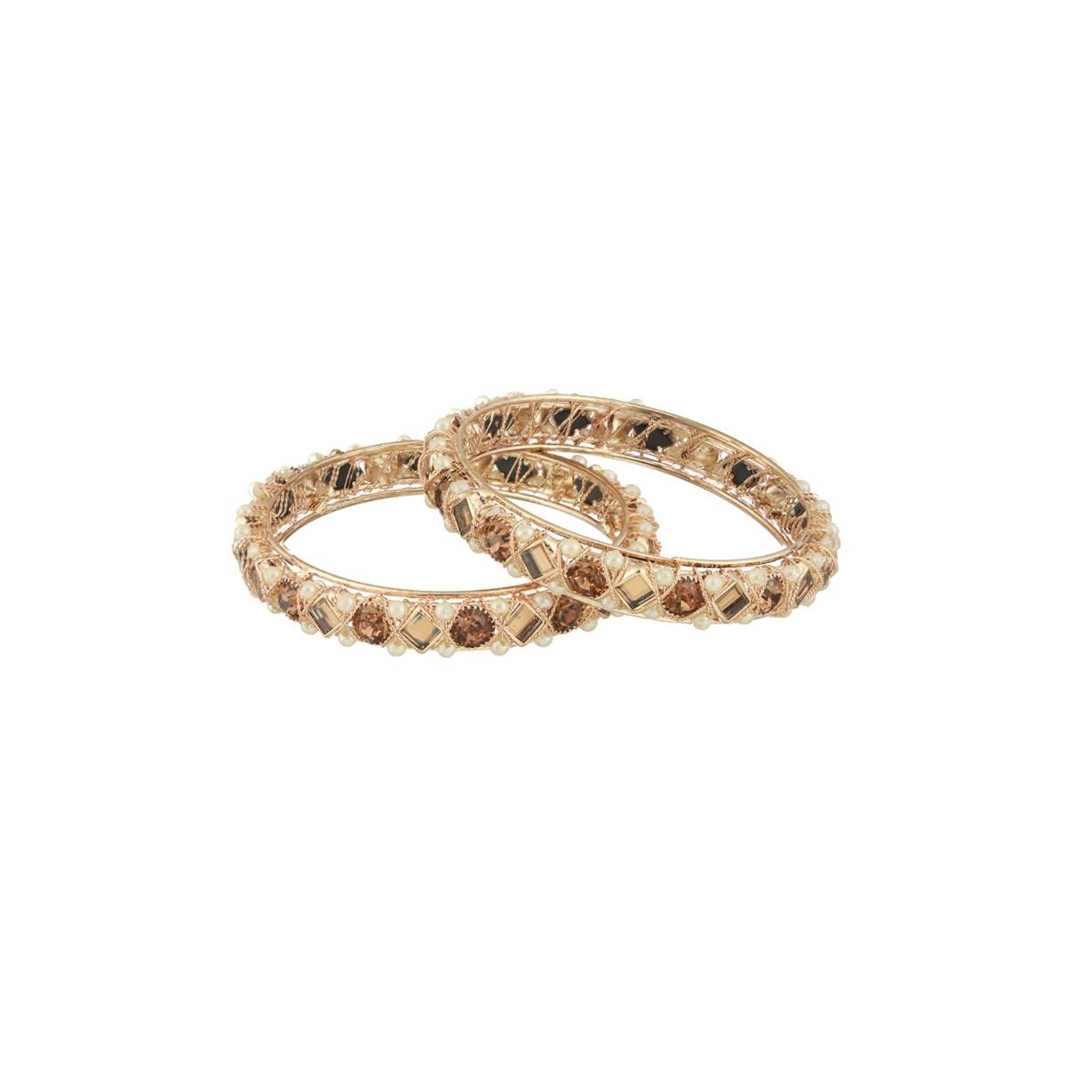 Aatmana Rose Gold Plated White Pearl Beaded & Crystal Studded Bangles (Set of 2)