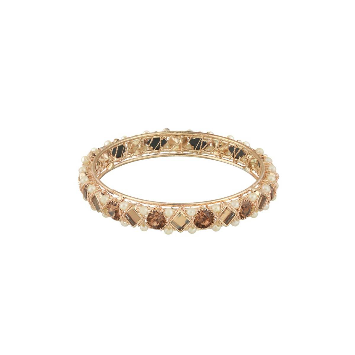 Aatmana Rose Gold Plated White Pearl Beaded & Crystal Studded Bangles (Set of 2)