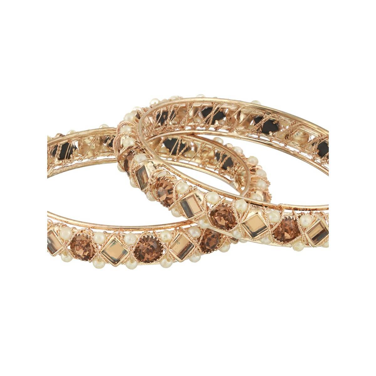 Aatmana Rose Gold Plated White Pearl Beaded & Crystal Studded Bangles (Set of 2)