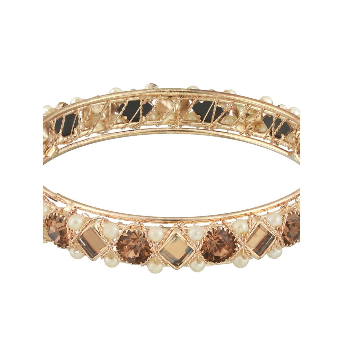 Aatmana Rose Gold Plated White Pearl Beaded & Crystal Studded Bangles (Set of 2)
