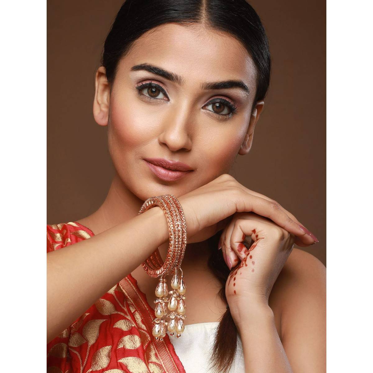 Aatmana Rose Gold Plated & Crystal Studded with Pearl Tassels Bangles (Set of 4) (2.8)