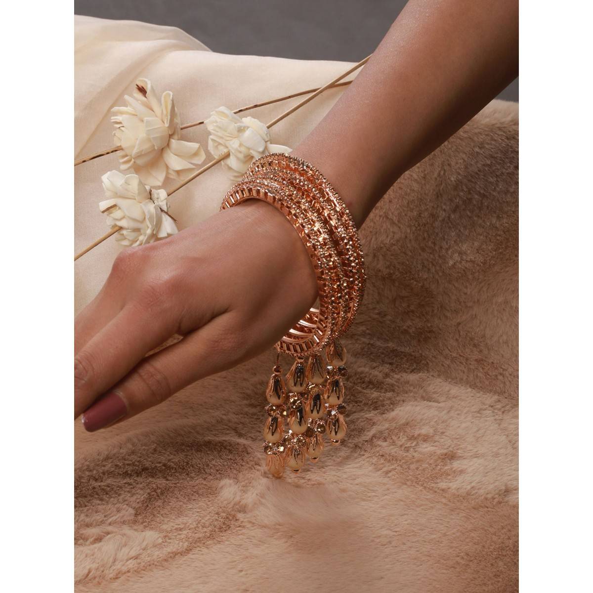 Aatmana Rose Gold Plated & Crystal Studded with Pearl Tassels Bangles (Set of 4) (2.8)