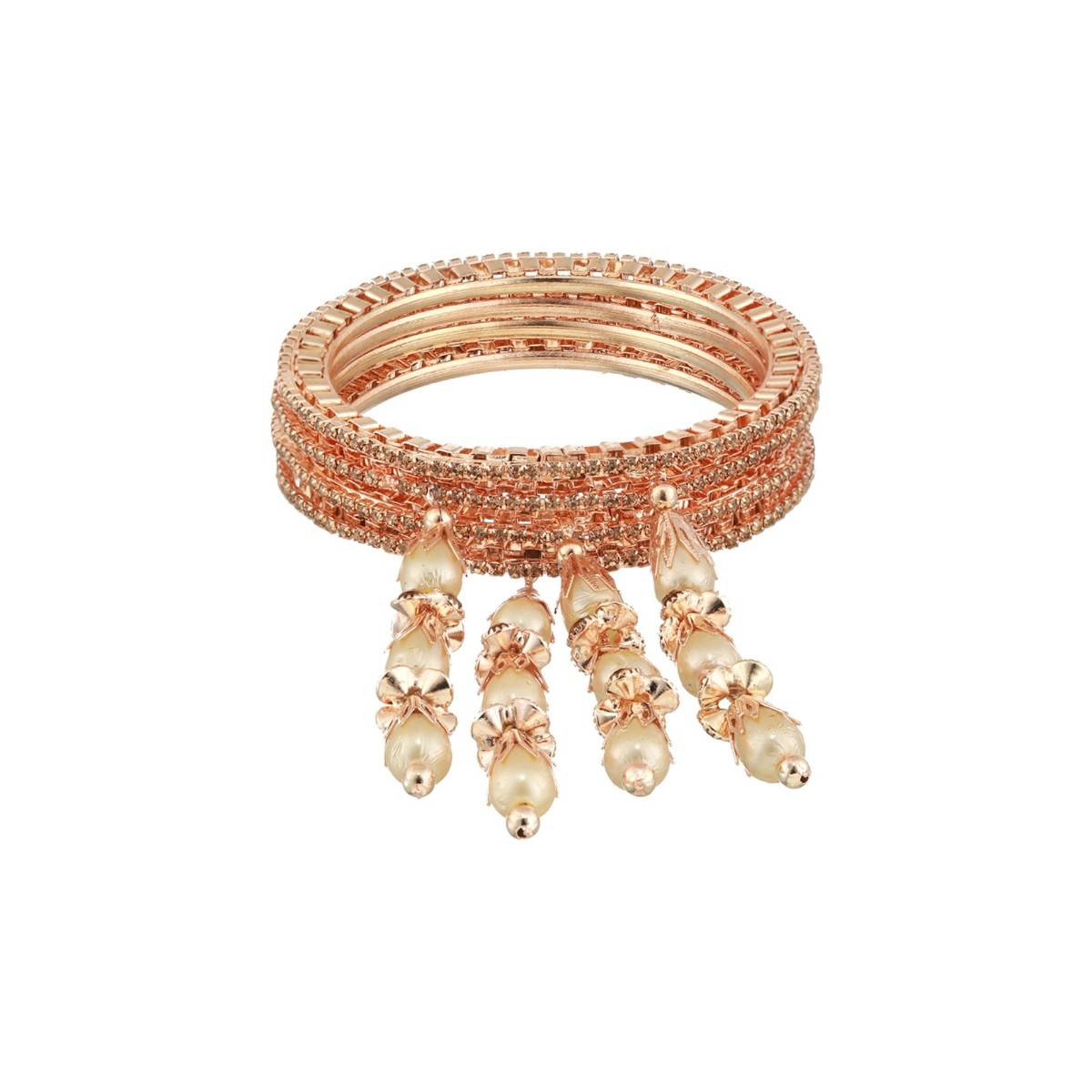 Aatmana Rose Gold Plated & Crystal Studded with Pearl Tassels Bangles (Set of 4) (2.8)