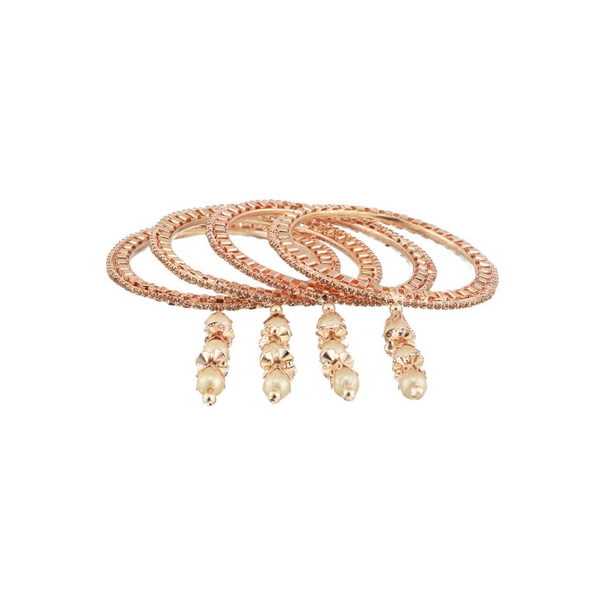 Aatmana Rose Gold Plated & Crystal Studded with Pearl Tassels Bangles (Set of 4) (2.8)